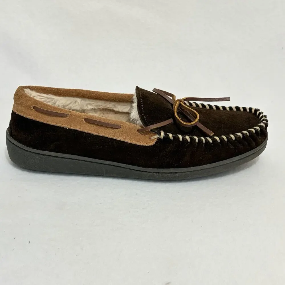 Minnetonka Slippers Mens 9 Pile Lined Hardsole Brown Leather Comfort House Shoes
